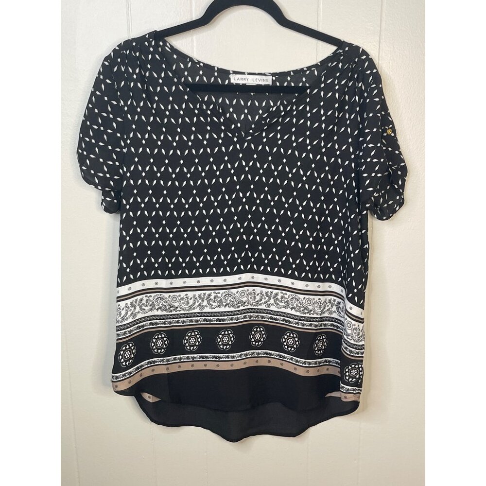 Larry Levine Womens Bohemian Style Black & White Patterned Short Sleeve Blouse L